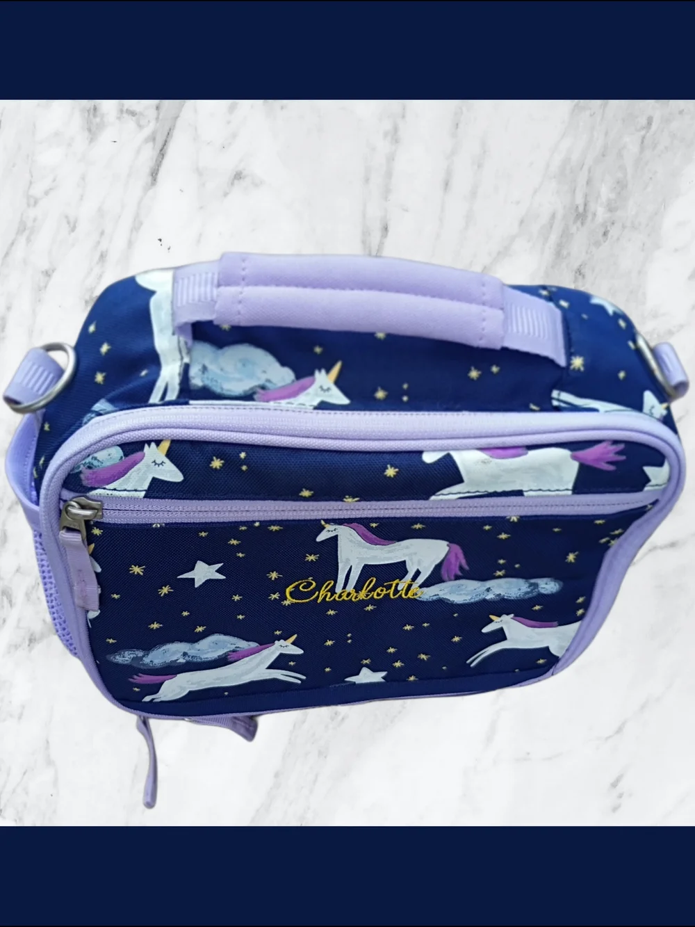 Mackenzie Navy & Lavender Unicorn Lunch Tote - Glow In Dark -Charlotte